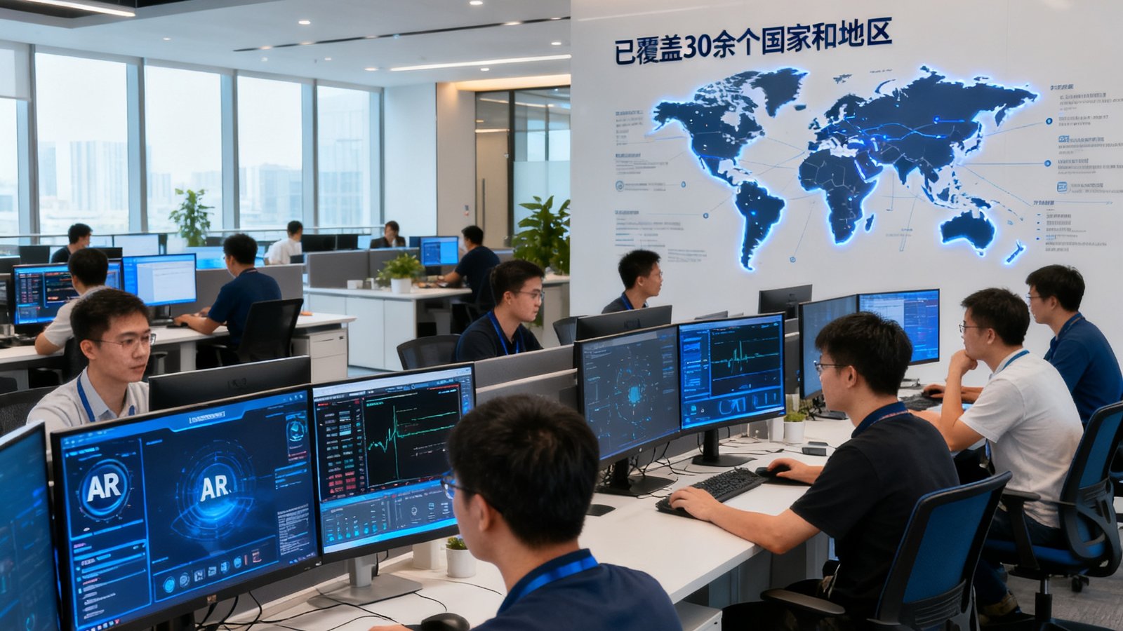 PT视讯平台深圳研发中心全景，开放式办公区内数十名工程师正在多屏幕前调试AR视讯融合算法，墙面上悬挂着全球服务网络地图，标注着已覆盖的30余个国家和地区
