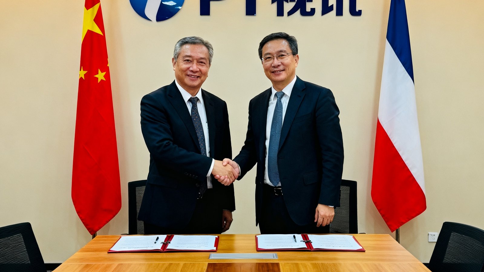 PT视讯平台与东南亚某国家级电视台的战略合作签约仪式现场，双方代表在长桌前签署文件后握手合影，背景是两国国旗和PT视讯的品牌标识
