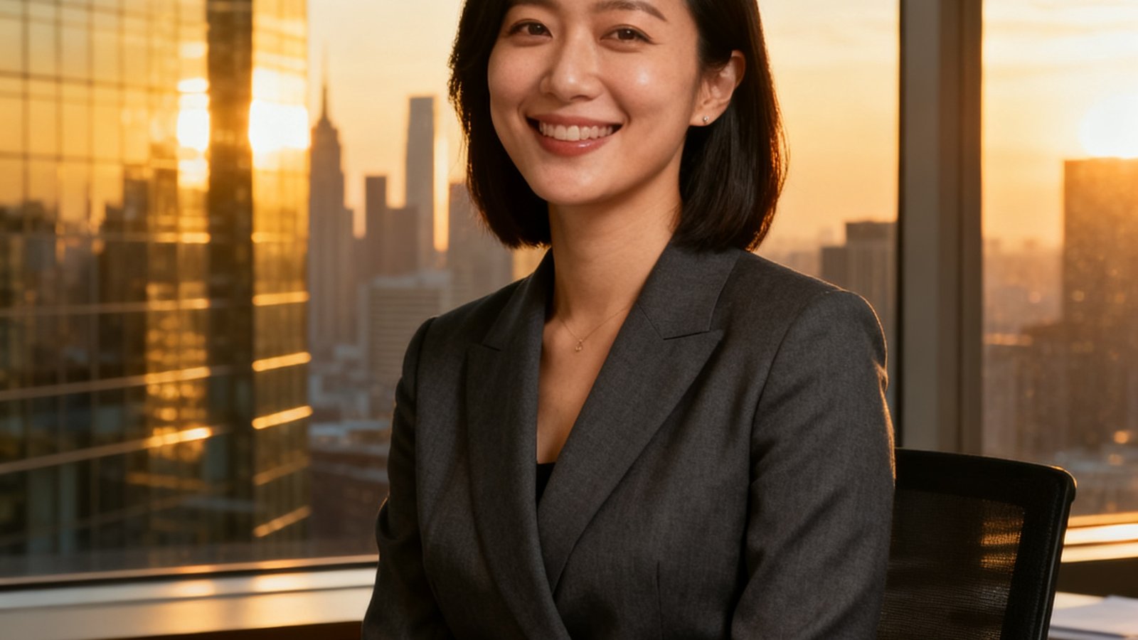一位跨国企业市场部女性负责人在办公室内的半身肖像，背景是落地窗外的城市天际线，她面带微笑，穿着职业装